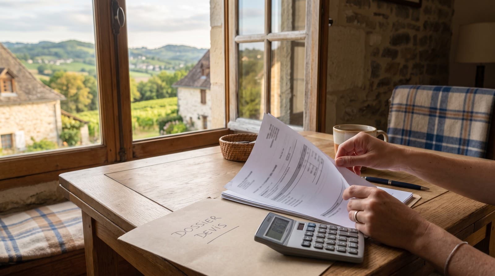 Dossier de devis climatisation feuilleté sur une table en bois, calculatrice à proximité, vue sur des toits de tuiles à travers la fenêtre