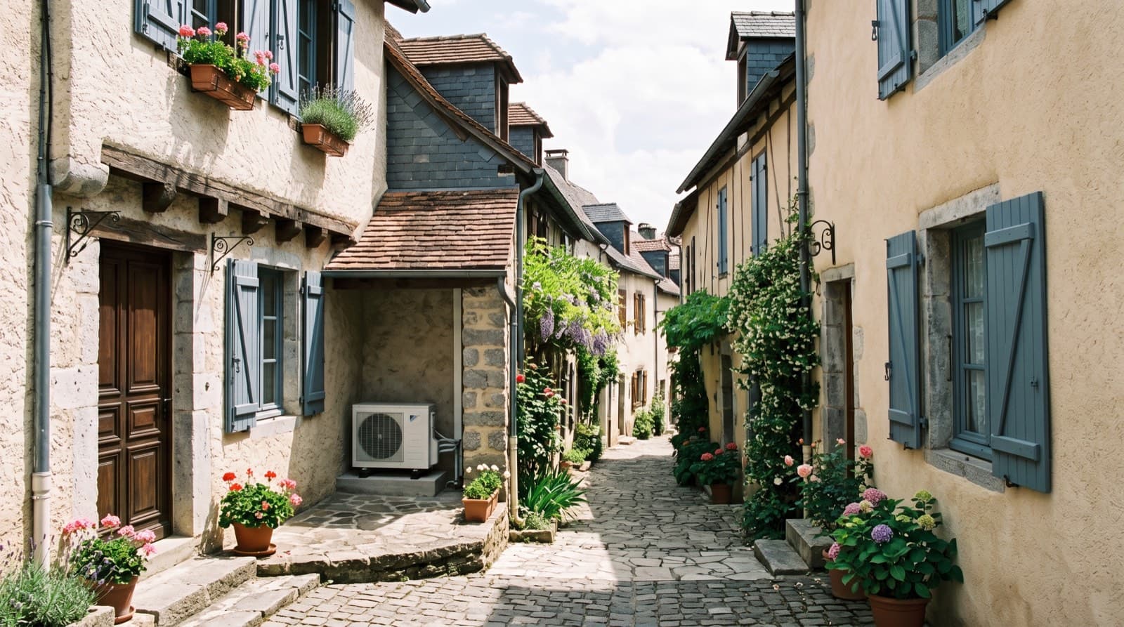 Unité extérieure de climatisation installée en retrait dans une ruelle résidentielle, à distance d'une fenêtre voisine