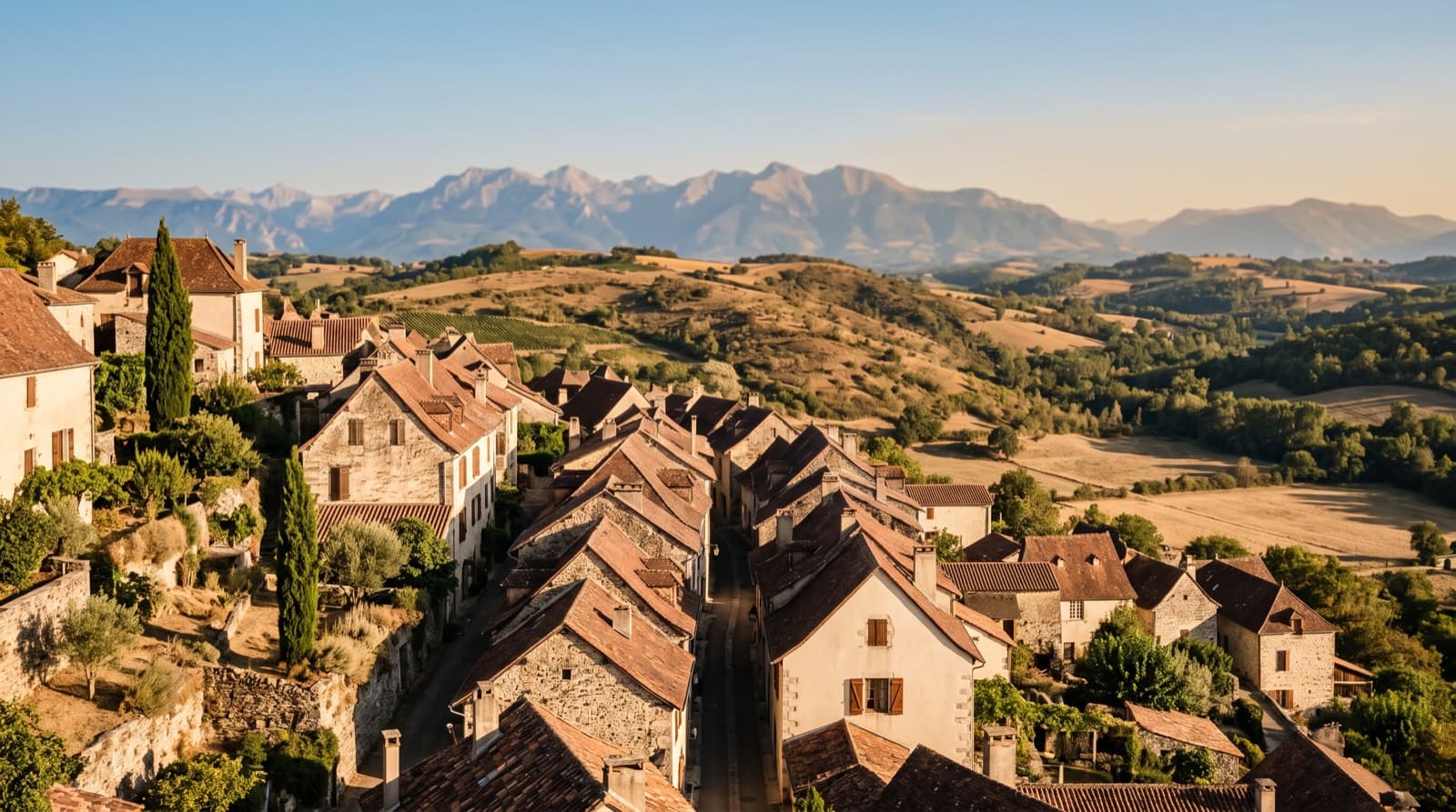Vue sur un village du Béarn avec les contreforts des Pyrénées en arrière-plan, sous une lumière de fin de journée