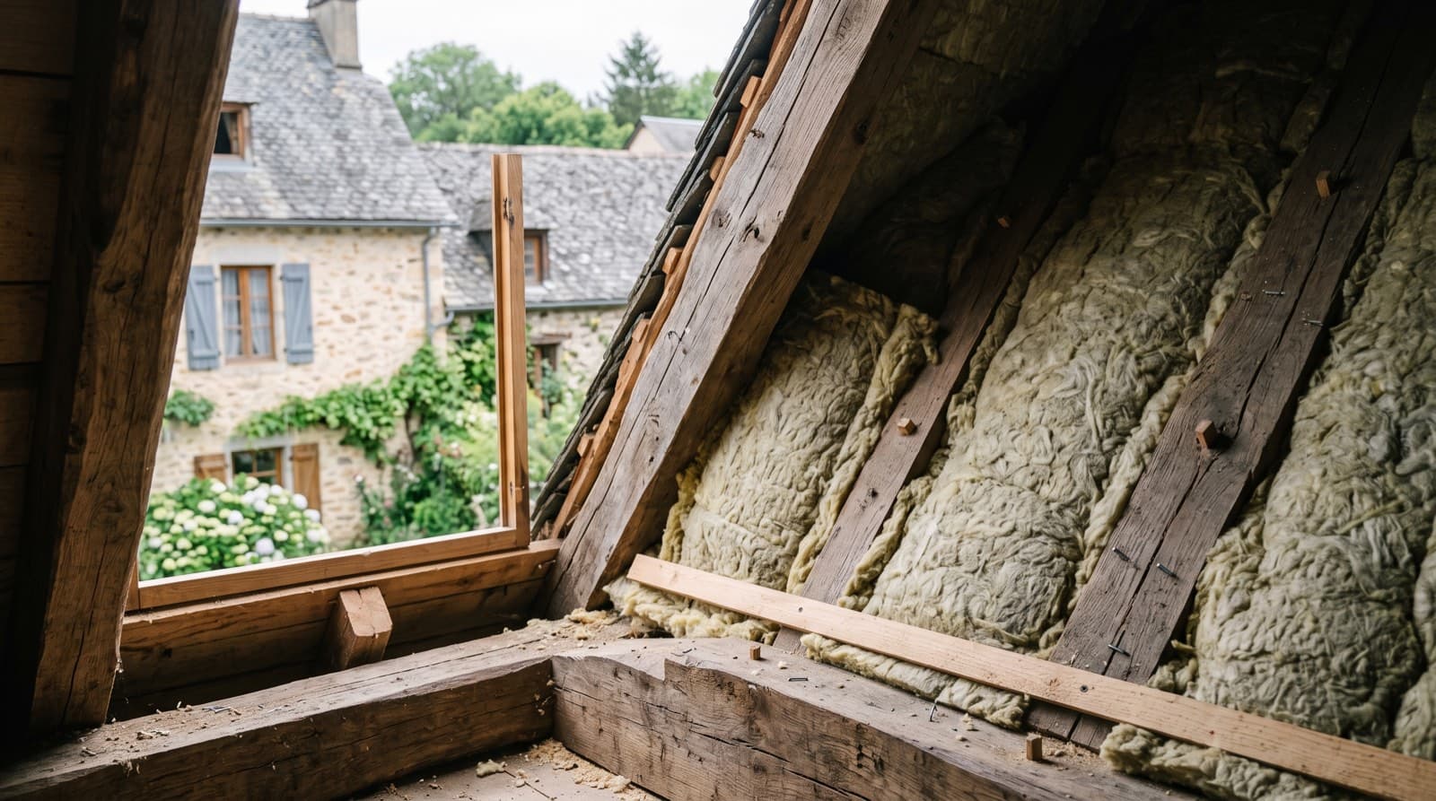 Isolation en laine minérale posée sous une toiture de combles, un facteur qui influence la consommation d'une climatisation réversible