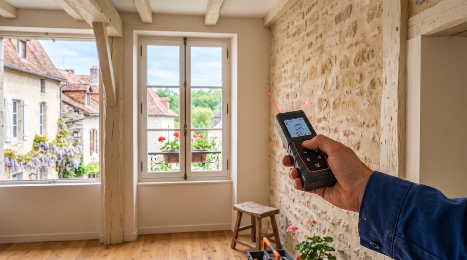 Main tenant un télémètre laser pour mesurer une pièce avant le dimensionnement d'une climatisation