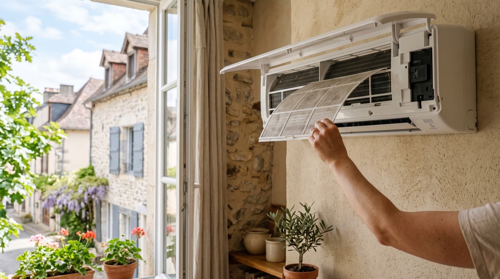 Main retirant le filtre encrassé d'une climatisation murale ouverte, face à une fenêtre donnant sur un village béarnais