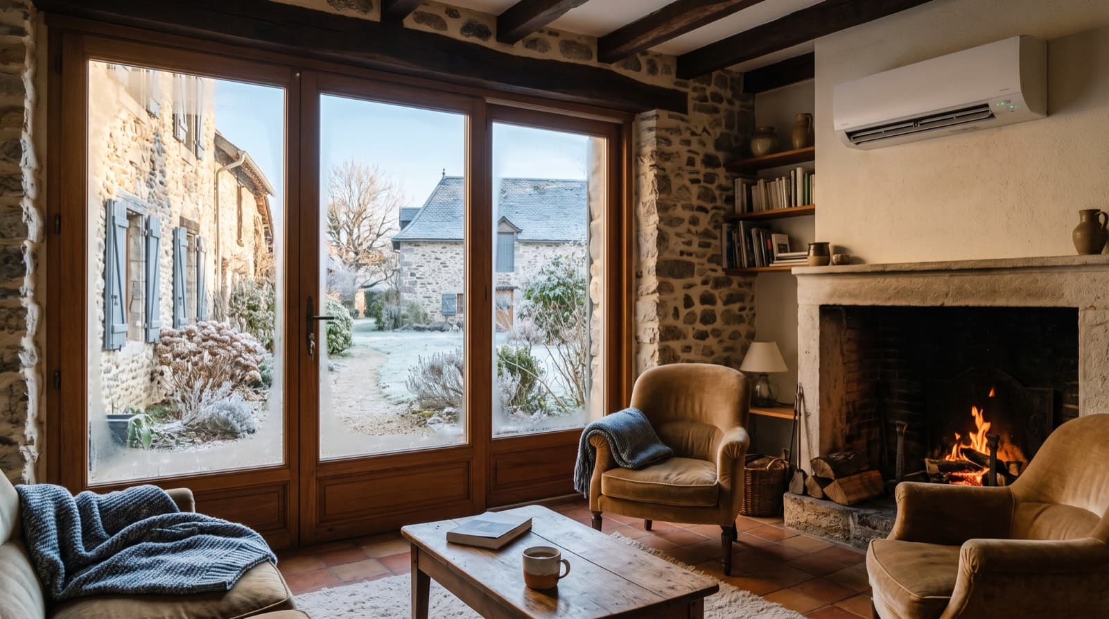Séjour chaleureux en hiver avec une climatisation réversible au-dessus de la cheminée et un jardin givré visible par la baie vitrée