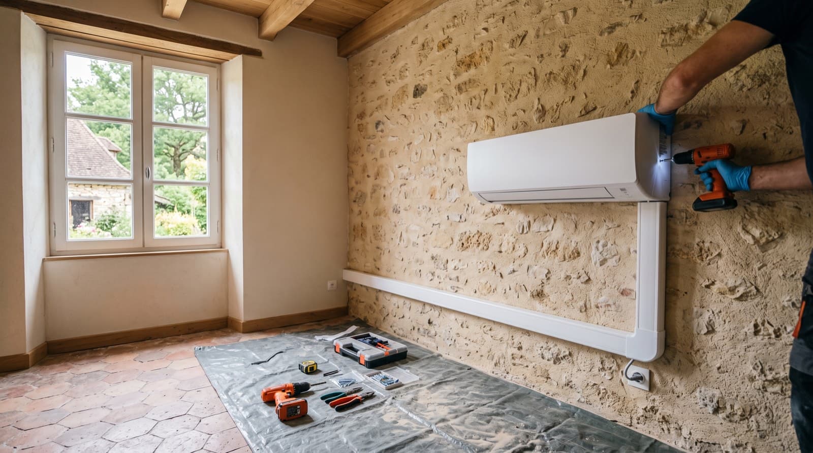 Installation en cours d'une unité murale de climatisation dans une pièce rénovée, goulotte électrique et outils posés au sol