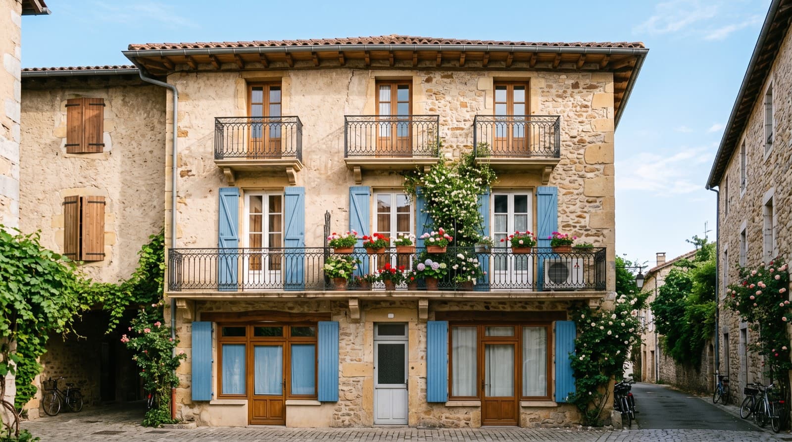 Façade d'un immeuble béarnais avec balcons, unité extérieure de climatisation installée discrètement sur un balcon