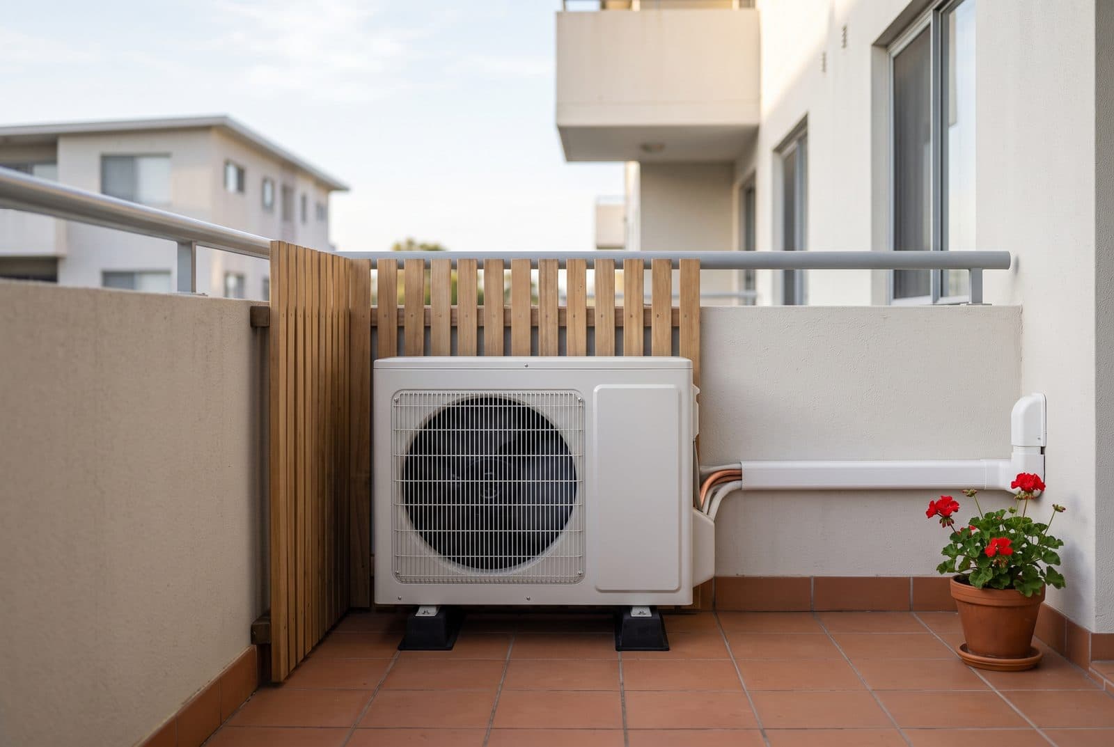 Unité extérieure de climatisation posée sur le balcon d'un immeuble, sur plots antivibratiles, derrière un écran de lames de bois.