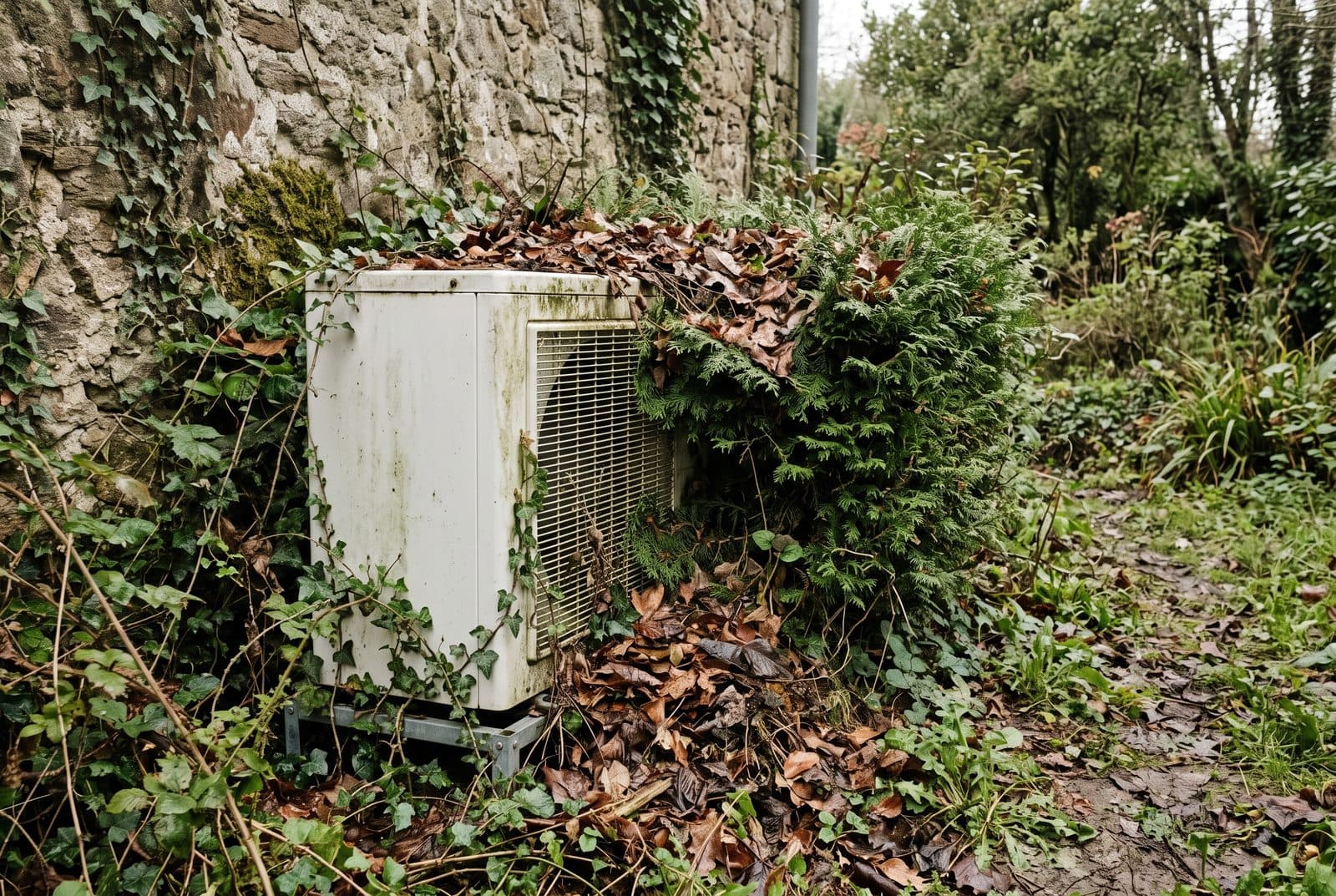 Unité extérieure de climatisation envahie par le lierre et recouverte de feuilles mortes, sa grille de ventilation obstruée par une haie.