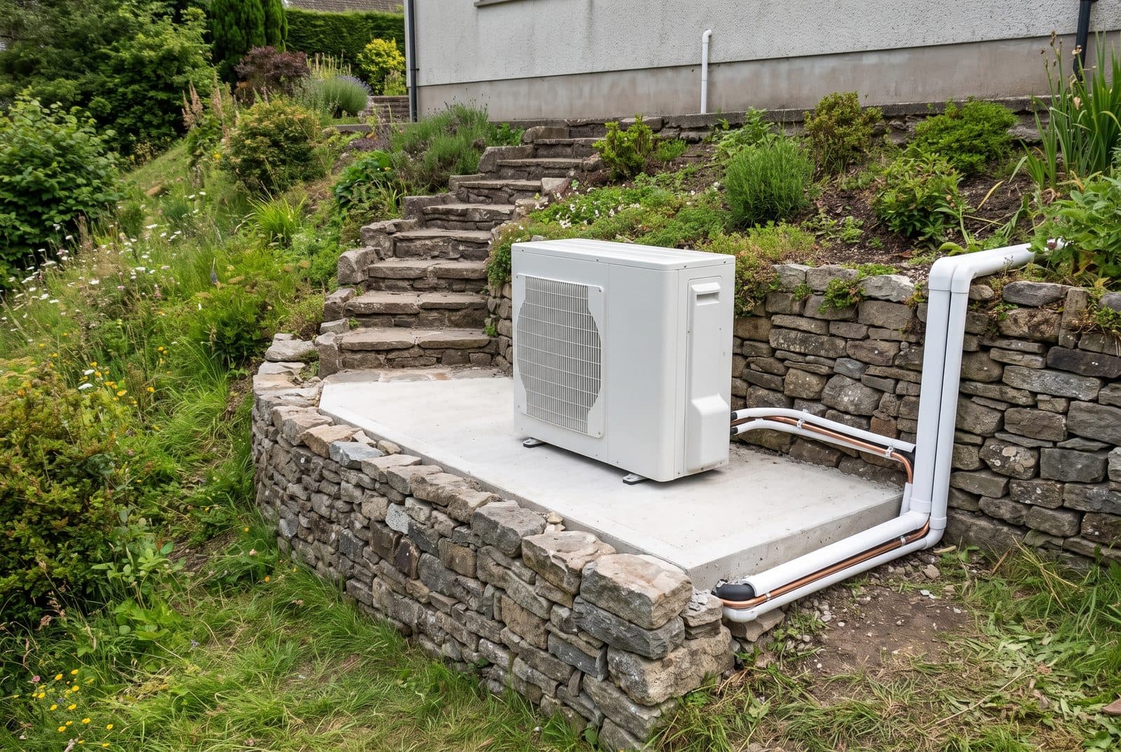 Unité extérieure installée sur une plateforme de béton aménagée dans un terrain en pente, retenue par un muret de pierre sèche.