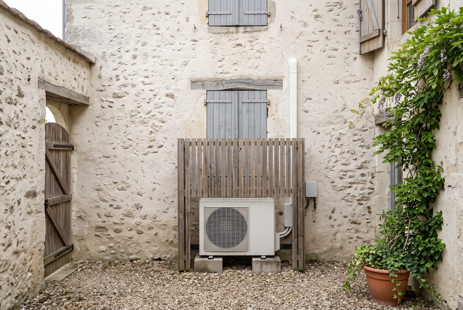 Unité extérieure installée dans une cour arrière fermée d'une maison ancienne, dissimulée derrière un écran de lames de bois.
