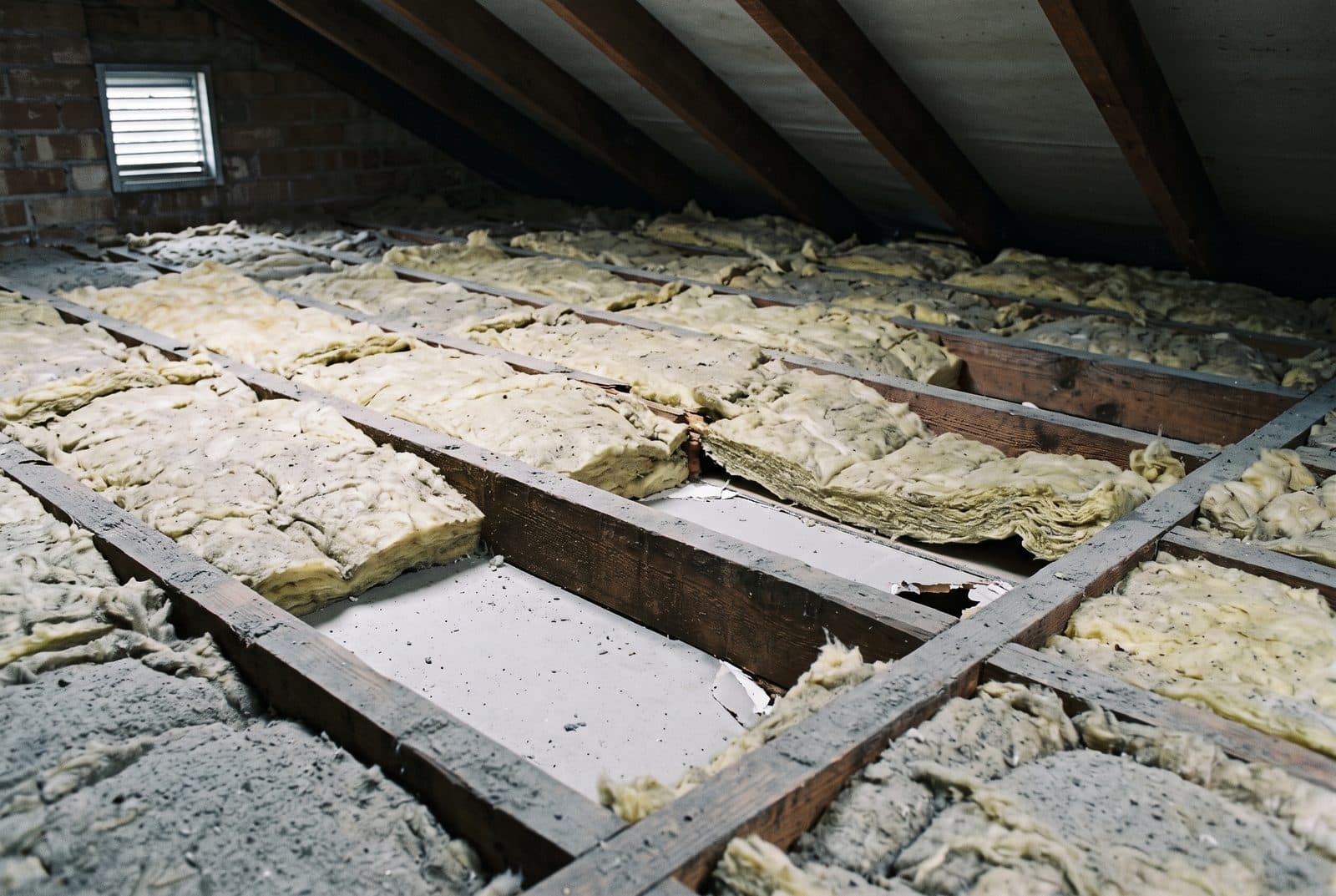 Plancher de combles anciens où une laine minérale mince et tassée laisse voir le plafond par endroits.
