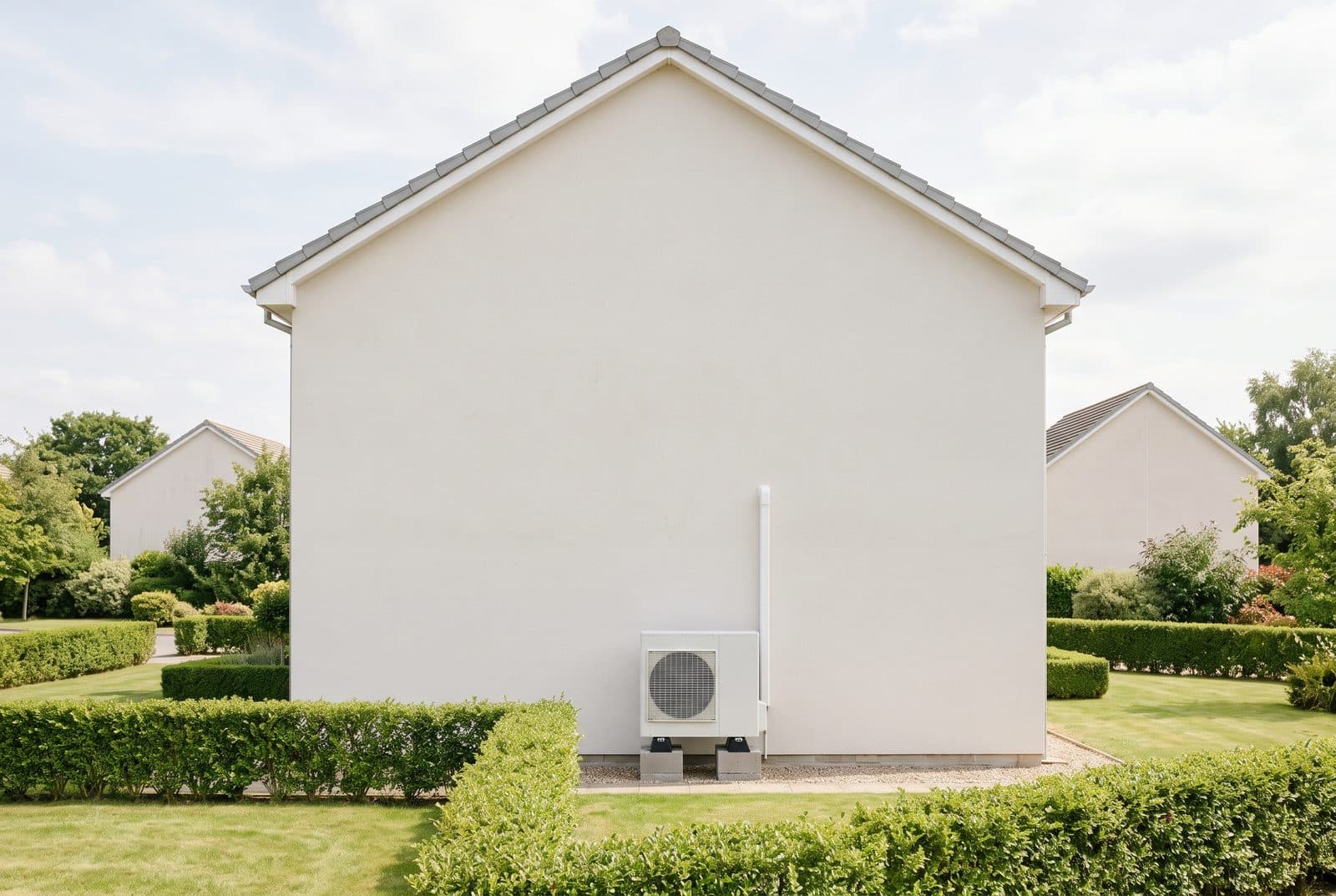 Pignon sans aucune ouverture d'une maison de lotissement, avec l'unité extérieure installée en pied de mur.