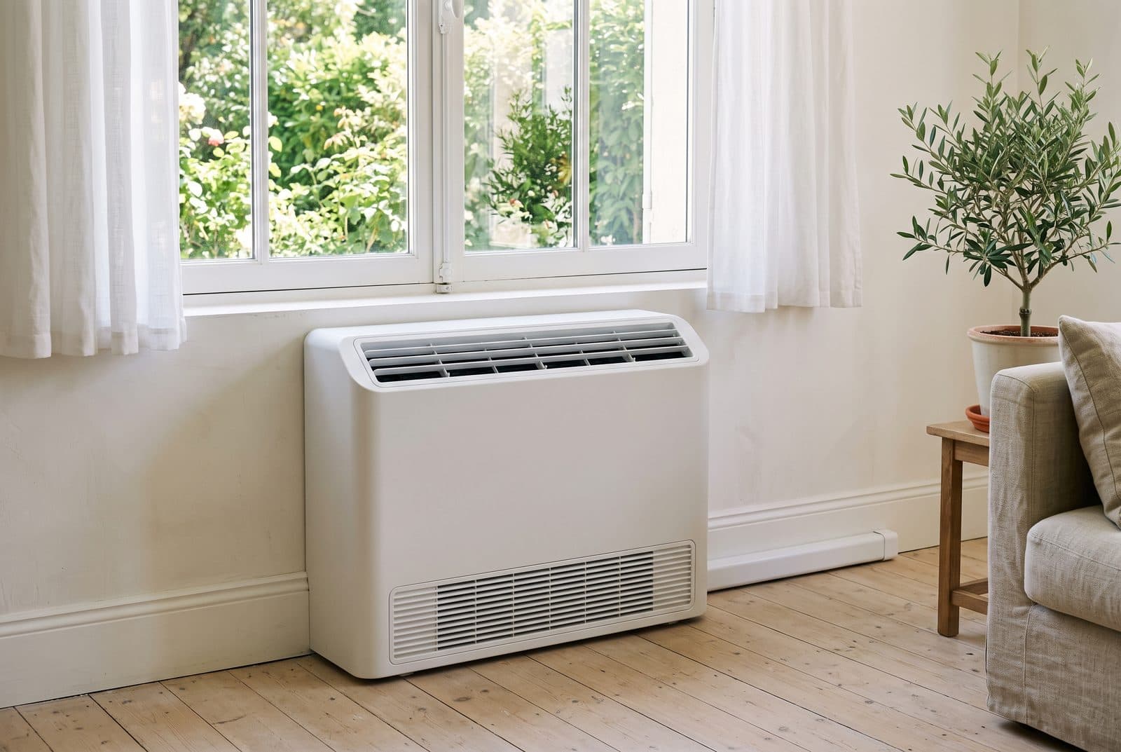 Unité intérieure de climatisation au format console, posée en partie basse contre un mur, sous une fenêtre.