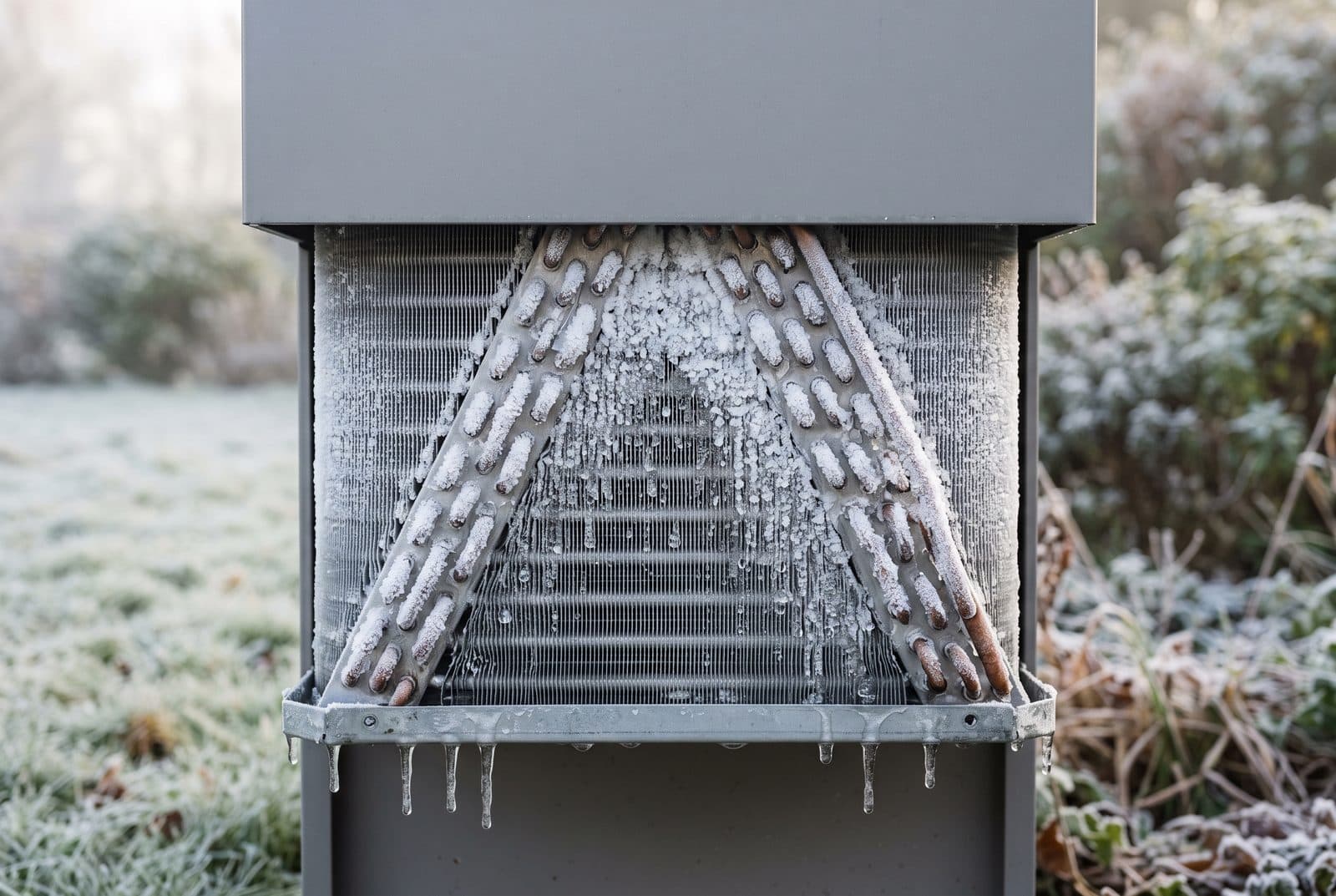 Échangeur d'une unité extérieure couvert de givre un matin d'hiver, avec des gouttes de fonte et de fines stalactites.