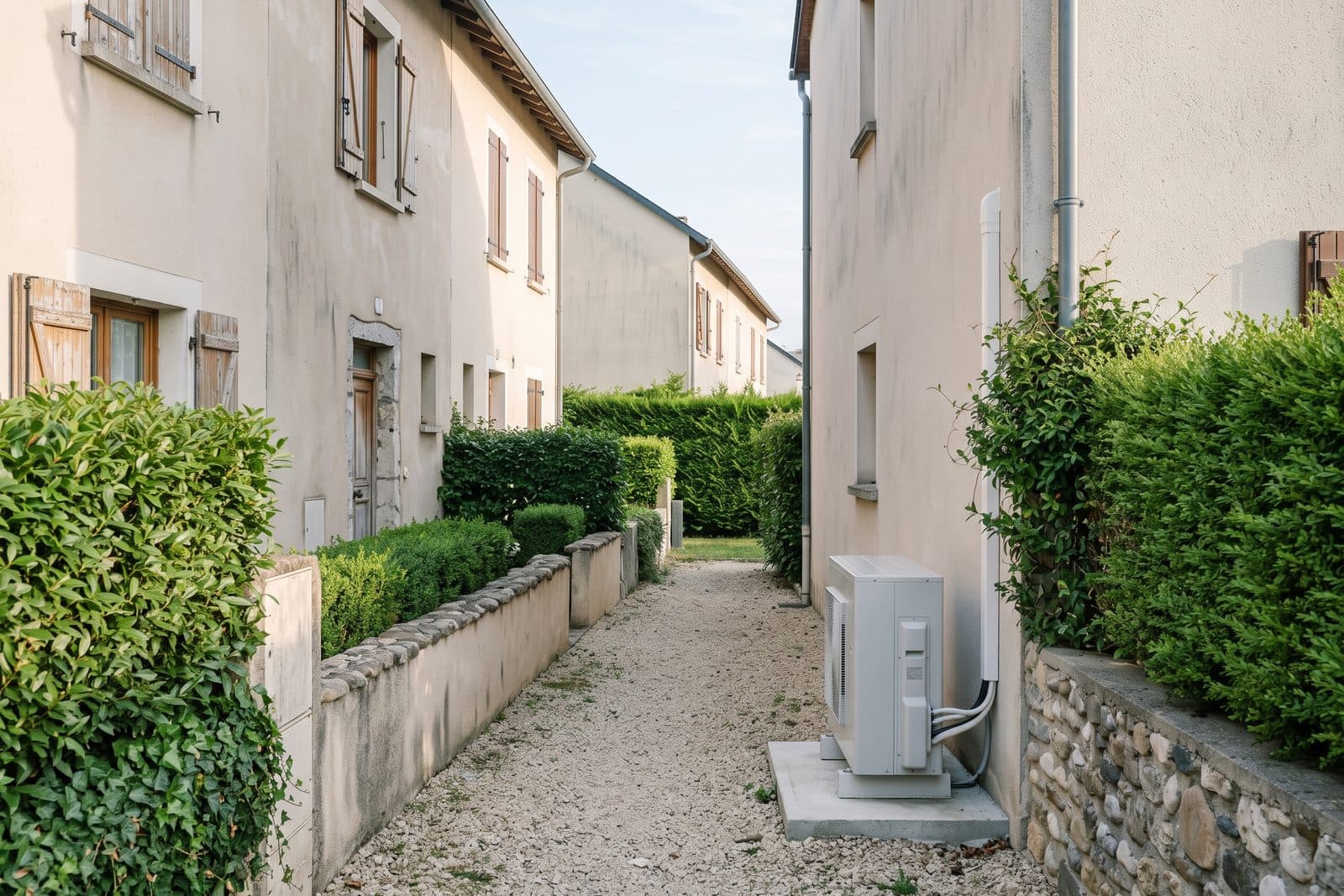 Unité extérieure de climatisation posée au sol dans une venelle étroite entre deux maisons