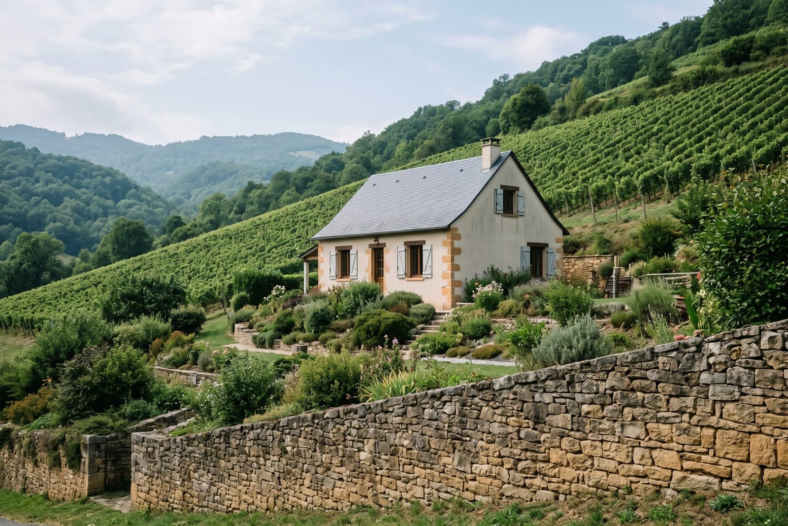 Maison sur terrain en pente derrière un mur de pierre, au pied d'un coteau planté de vignes