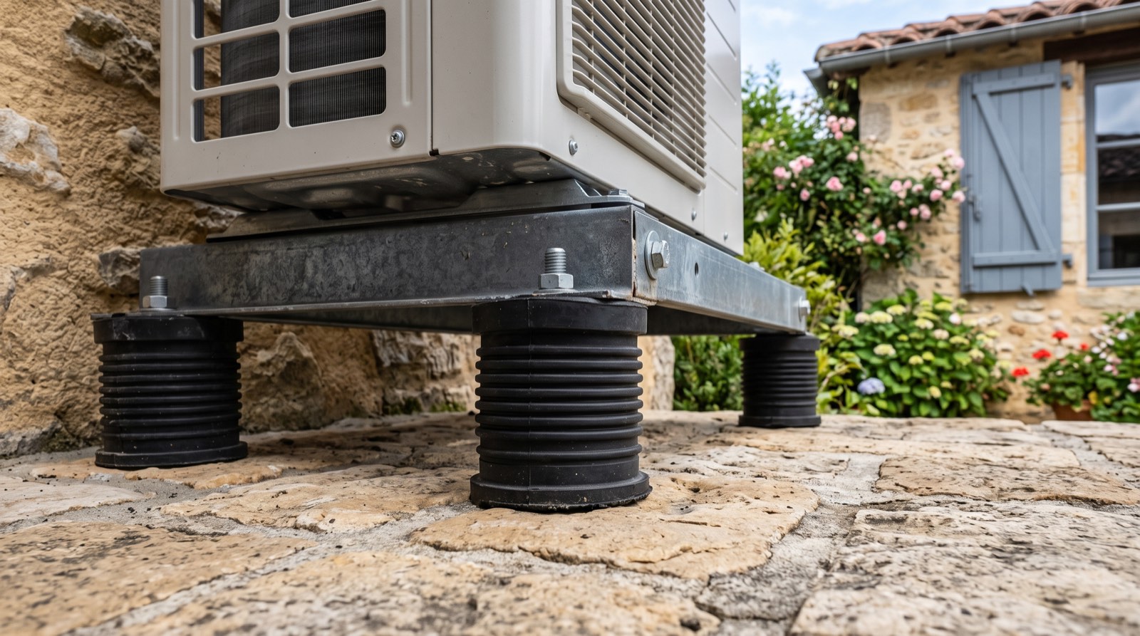 Plots en caoutchouc anti-vibratoires sous le socle d'une unité extérieure de climatisation posée sur une terrasse en pierre