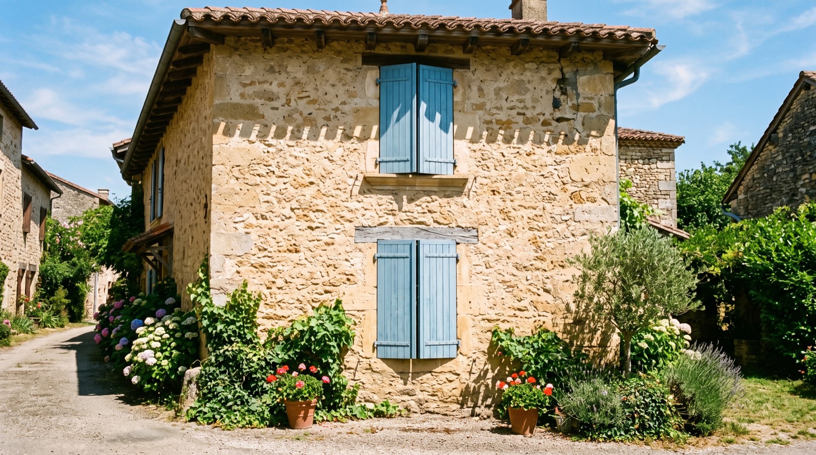 Volets fermés sur une façade en pierre béarnaise pour limiter les apports de chaleur en pleine journée