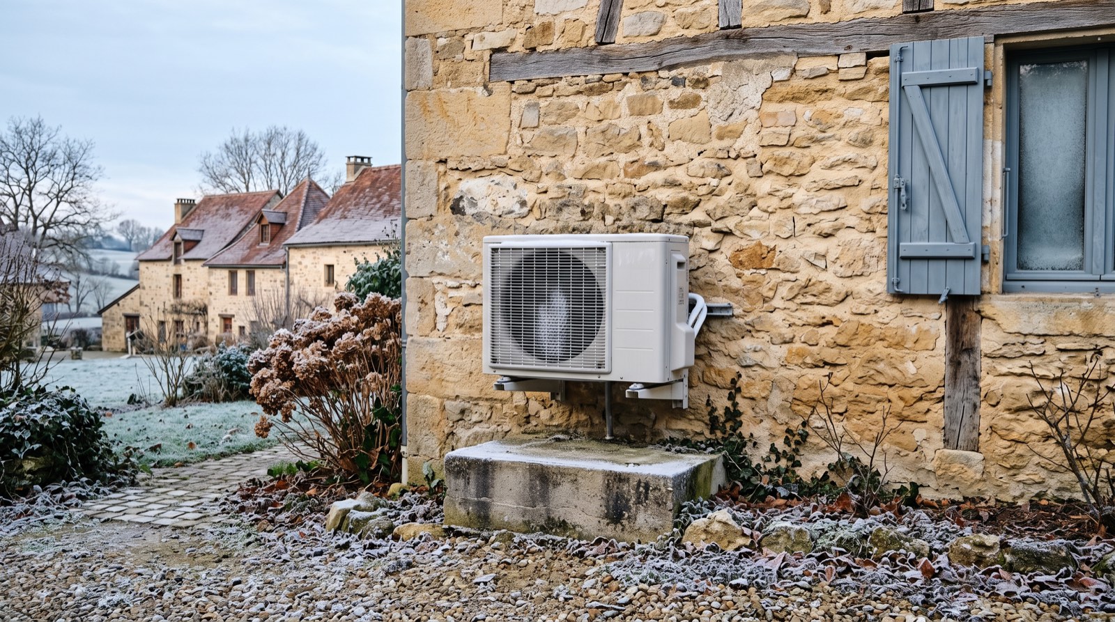 Unité extérieure de climatisation réversible en fonctionnement par temps froid, légère gelée blanche visible au sol