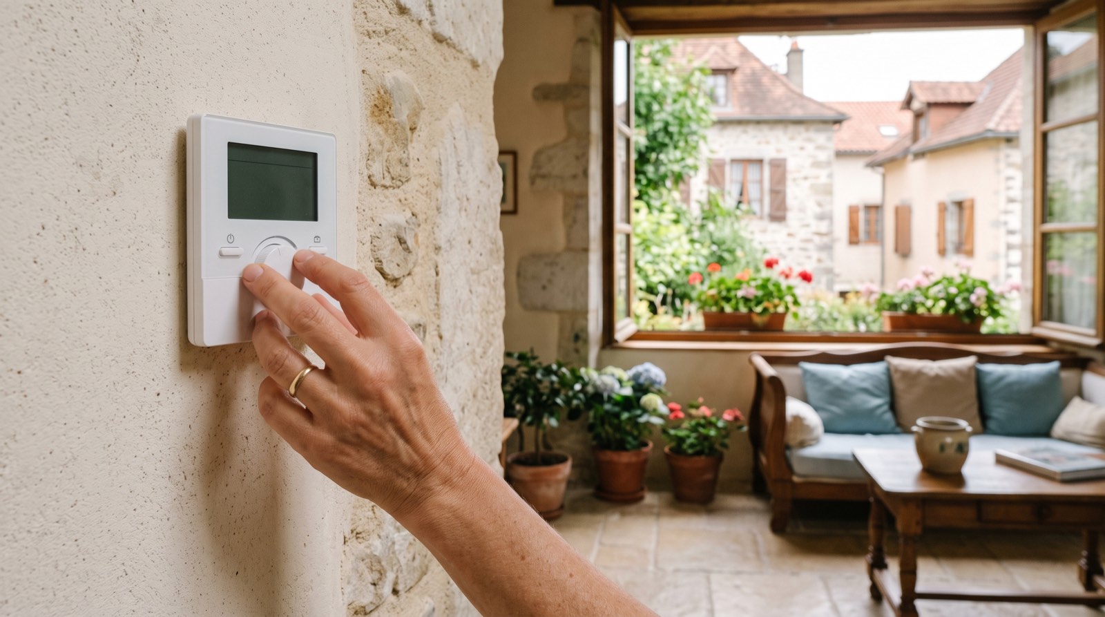 Main réglant un thermostat mural relié à la climatisation, terrasse et jardin visibles à travers la fenêtre ouverte