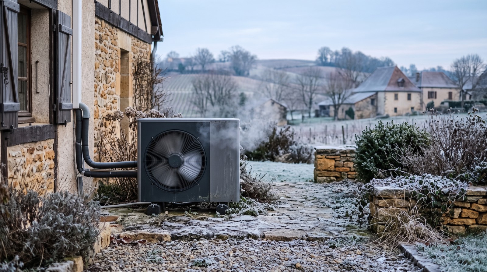 Unité extérieure de pompe à chaleur air-air en fonctionnement hivernal, légère gelée blanche au sol, coteaux béarnais en arrière-plan