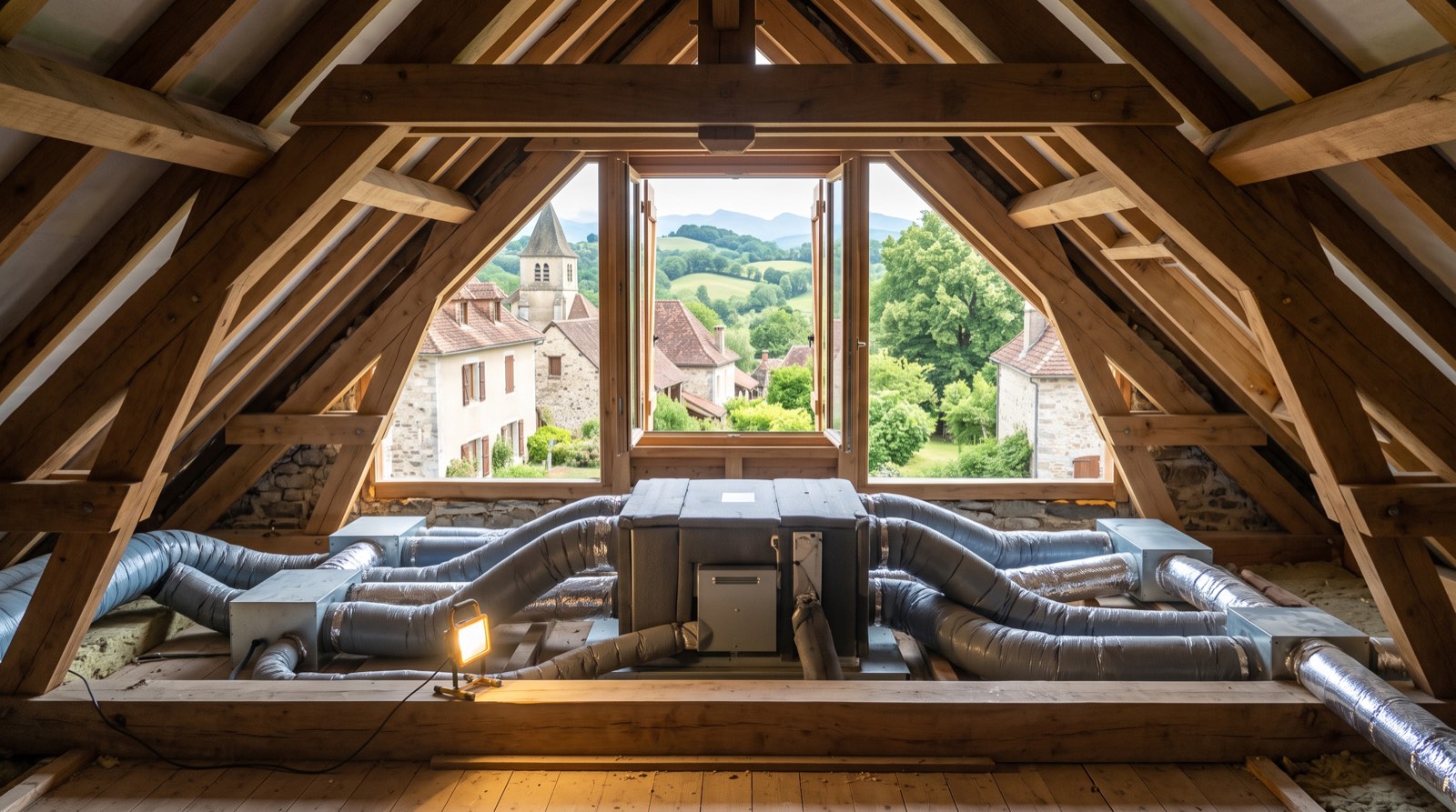 Caisson technique et réseau de gaines d'une climatisation gainable posé dans des combles aménagés